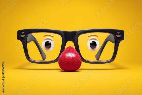 Funny glasses, a red clown nose, and a tie are arranged on a colored background to resemble a face