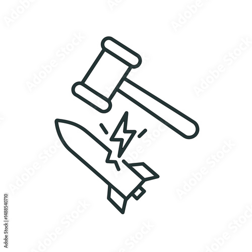 Minimal icon of judge’s gavel striking missile, representing legal intervention in armed conflict or global disarmament efforts