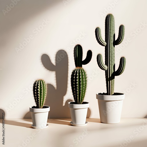 Three cactus plants in white pots stand in a row, casting long shadows on a light colored wall.