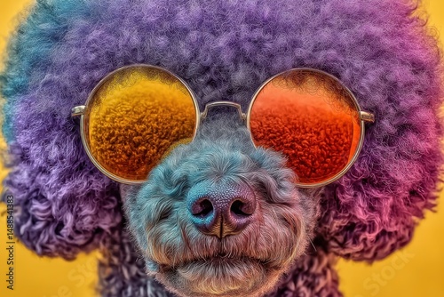 A dog's bewildered face is depicted with a strange, humorous grin, and it is wearing a curly wig that is lilac in color, all set against a bright yellow background