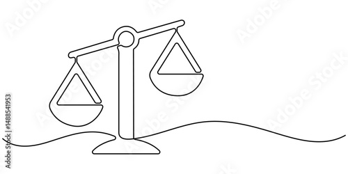 One Line Drawing of a Justice Scale, Minimalist Illustration Representing Equity and Justice, Libra symbol in single line draw illustration. balance, law, justice, court, weight. Editable stroke.