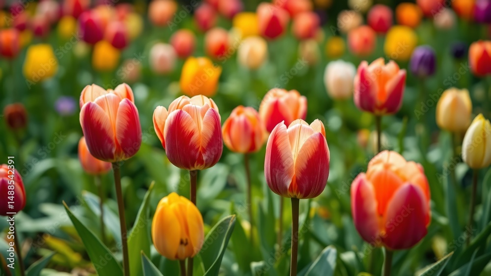 Colorful Tulips in a Lush Garden Bed Colorful Tulips in a Lush Garden Bed
