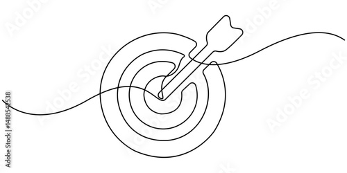 Target with an arrow hitting the center, Single continuous line drawing of archery target pad was shot with arrows. Concept of archery or reaching the goal in business. Vector Illustration.