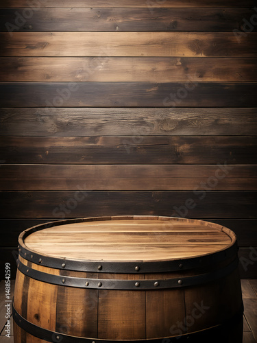 Rustic wooden barrel top, warehouse, aged texture, background barrels, product display