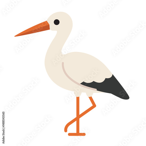 Cute heron bird, white stork with orange beak and legs. Perfect for nature blogs, wildlife conservation materials, children's educational resources