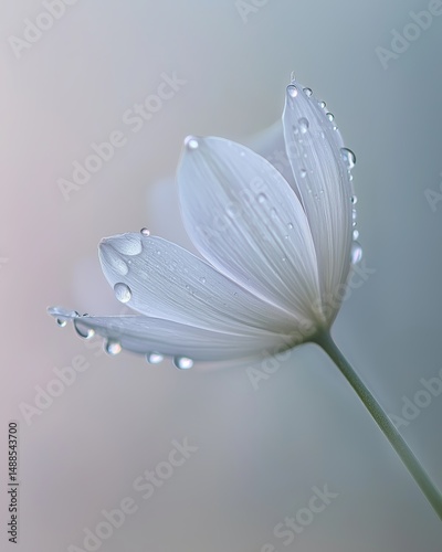 White flower with dew drops on petals against soft pastel background
