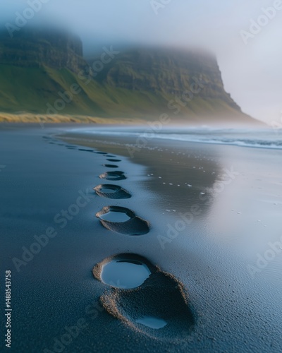 Footprints in wet dark sand leading to misty green cliffs at sea
