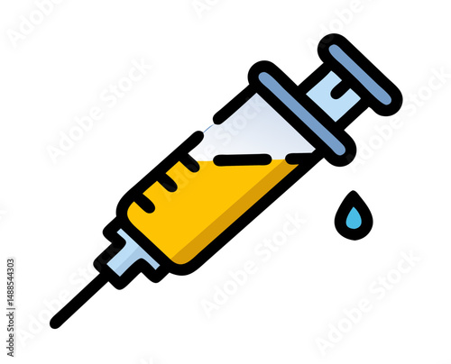 Syringe filled with yellow liquid and dripping drop  
