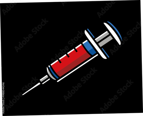 Medical syringe with red liquid on a black background  