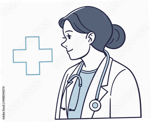 Female doctor smiling with stethoscope in medical illustration  