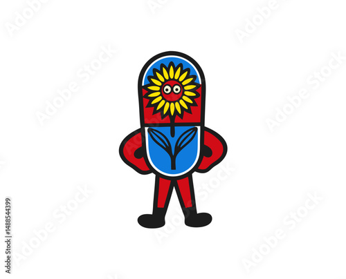 Cartoon character holding a pill with flower design and smile   photo