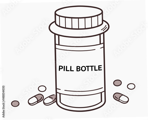 Pill bottle with scattered capsules in a minimalist style  