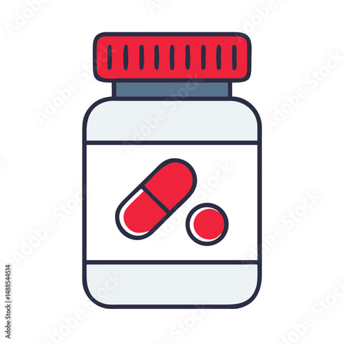 Pill bottle with red cap containing capsules and tablets  