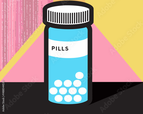 Pill bottle with blue pills on colorful geometric background  
