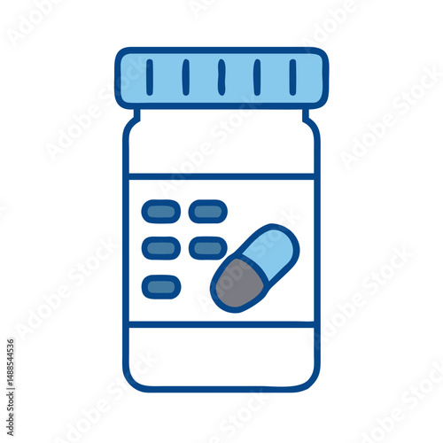 Medication bottle with pills in blue and white design  