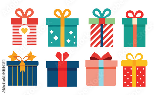 Gift box. Colorful present boxes with bright ribbons and bows, modern packing for christmas gifts, decorative stylish wrap flat vector set
