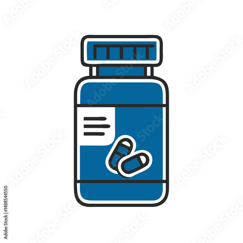 Pill bottle with capsules in blue color and simple design  