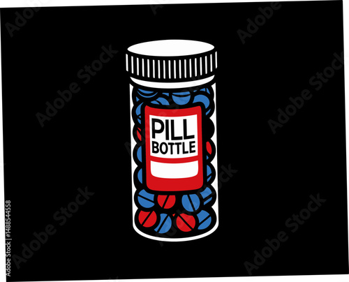 Pill bottle filled with colorful capsules on black background  