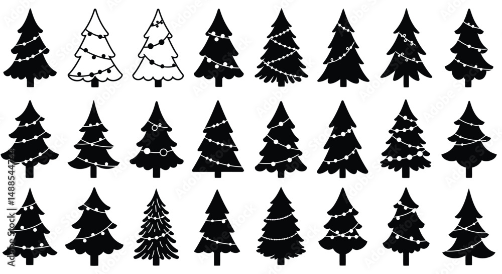Set of Black and White Christmas Tree Silhouettes With Holiday Decorations
Set of Black and White Christmas Tree Silhouettes With Holiday Decorations