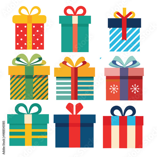  Gift boxes, presents isolated on white. Colorful wrapped. Sale, shopping concept. Collection for Birthday, Christmas. For Vector Cartoon flat design
