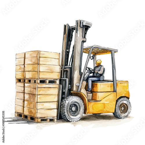 Yellow Forklift Lifting A Stack Of Crates, watercolor vector, high quality, isolated on a white background.
