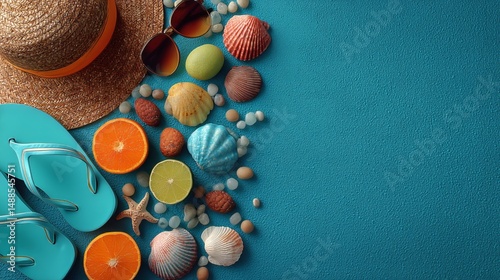 Beach Accessories and Colorful Shells Arranged on a Turquoise Background With...