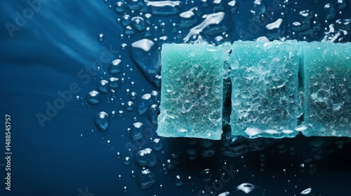 Soap bar with foam on grayish blue background, top view