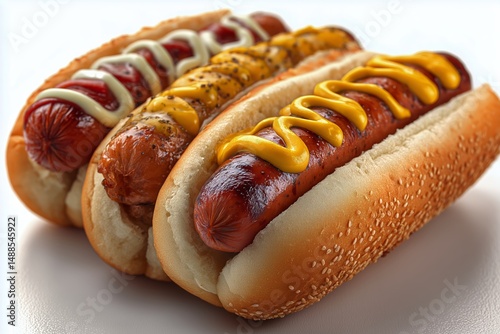Gourmet Hot Dogs With Various Toppings in a Colorful Display on a White Backg...