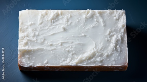 Soap bar with foam on grayish blue background, top view