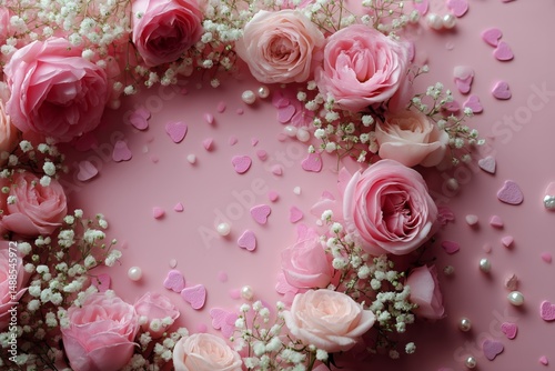 Romantic Floral Arrangement With Pink Roses and Heart-Shaped Petals on a Soft...