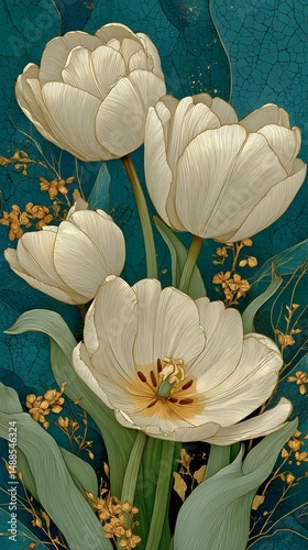 Beautiful White Tulips Surrounded by Delicate Greenery on a Vibrant Blue Back...
