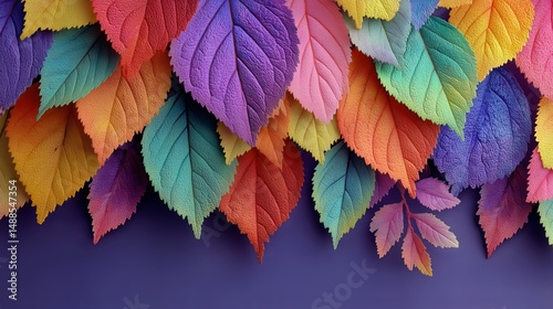 Colorful Leaves Arranged in Vibrant Patterns Against a Purple Background Show...