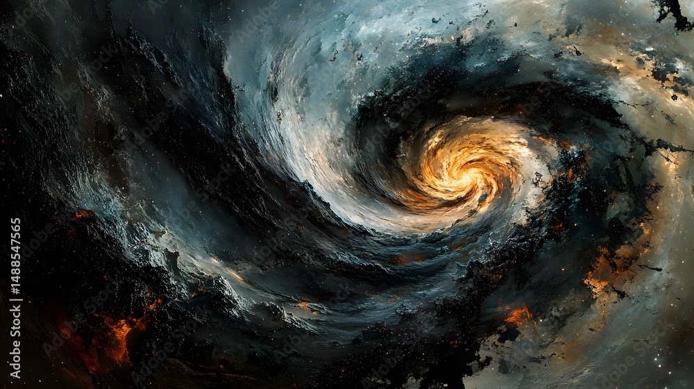 Fototapeta premium A stunning cosmic vortex reveals the universe's raw power. Golden spirals meet nebulous clouds, creating a galactic masterpiece. Astronomy and Galaxy backgrounds