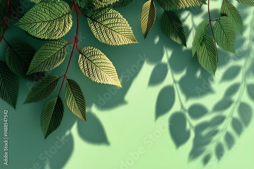 Bright Green Leaves Casting Delicate Shadows on a Light Green Surface in Natu...