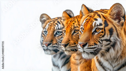 Three Majestic Tigers Standing Side by Side Against a Bright Background Highl...
