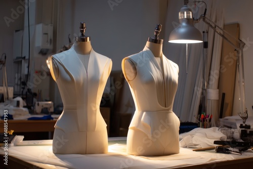 Two elegant dress forms displayed in a well-lit design studio setting, showcasing the art of dressmaking