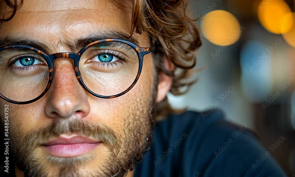 A close-up of a man with glasses looking directly at the camera. He has a well-groomed beard and wavy hair, a focused gaze and rosy lips. The background has blurry bokeh lights