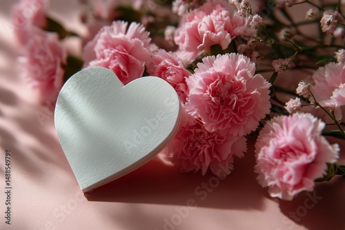 White Heart Shape Lies Next to Pink Flowers on a Pastel Background in Soft Light