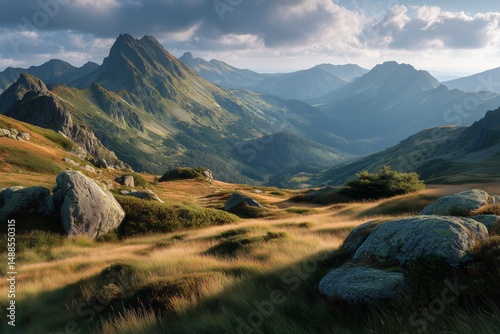 Majestic Mountain Landscape With Rolling Hills and Dramatic Clouds at Sunset ...