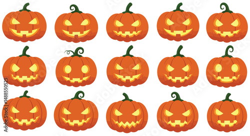 Festive collection of illustrated jack-o'-lantern pumpkins with assorted glowing faces ideal for Halloween decorations or designs.

