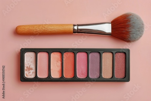 Colorful Blush Palette and Brush on Soft Pink Background for Makeup Application