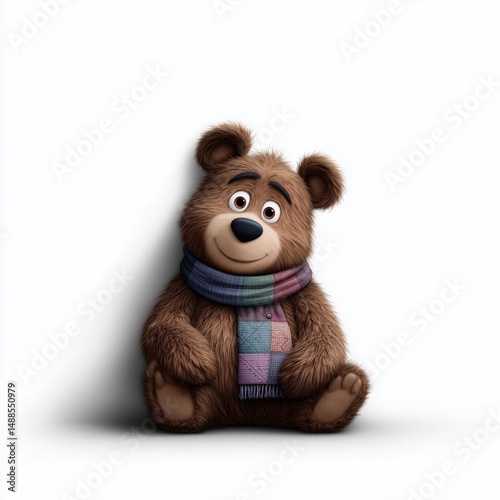 Cartoon brown bear in scarf smiling while sitting on clean white floor
