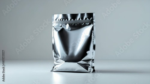 Isolated silver foil plastic pouch on a white background. Assorted packaging template mockup.