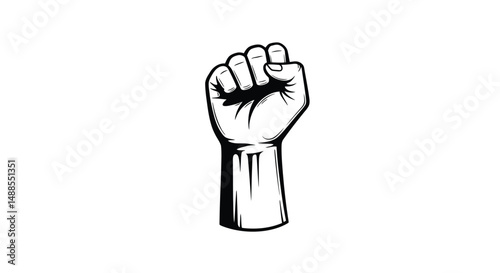 Black-and-white illustration of a raised fist symbolizing strength, unity, determination, and solidarity. Representing concepts such as empowerment, resistance, and collective action.


