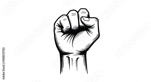 Black-and-white illustration of a raised fist symbolizing strength, unity, determination, and solidarity. Representing concepts such as empowerment, resistance, and collective action.

