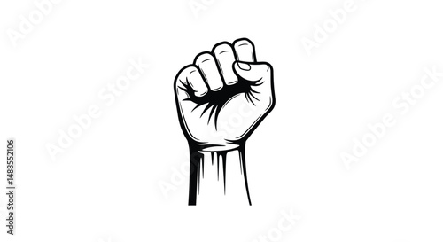 Black-and-white illustration of a raised fist symbolizing strength, unity, determination, and solidarity. Representing concepts such as empowerment, resistance, and collective action.

