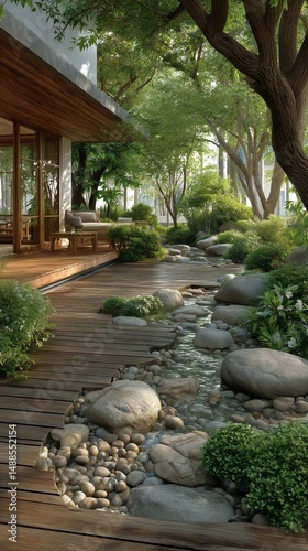 Serene Garden Pathway With Water Stream and Lush Greenery Near Modern Home
