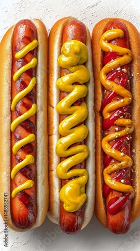 Classic Hot Dogs Topped With Mustard and Ketchup Arranged on a White Surface