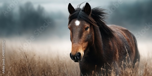 Majestic brown horse standing in a misty field during early morning light