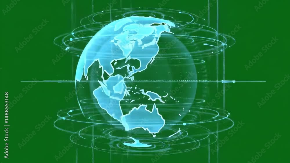 Digital Earth Globe Animation: Blue Holographic Rotation with Rings - Green Screen